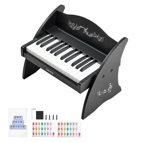 VEVOR Vaikiškas medinis skaitmeninis pianinas su 25 klavišais, dvigubo maitinimo nešiojamas muzikinis žaislas, reguliuojamo garsumo lavinamasis instrumentas, juoda vaikiška pianino klaviatūra