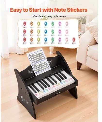 VEVOR Vaikiškas medinis skaitmeninis pianinas su 25 klavišais, dvigubo maitinimo nešiojamas muzikinis žaislas, reguliuojamo garsumo lavinamasis instrumentas, juoda vaikiška pianino klaviatūra