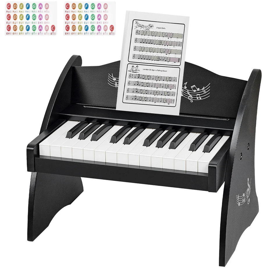 VEVOR Vaikiškas medinis skaitmeninis pianinas su 25 klavišais, dvigubo maitinimo nešiojamas muzikinis žaislas, reguliuojamo garsumo lavinamasis instrumentas, juoda vaikiška pianino klaviatūra