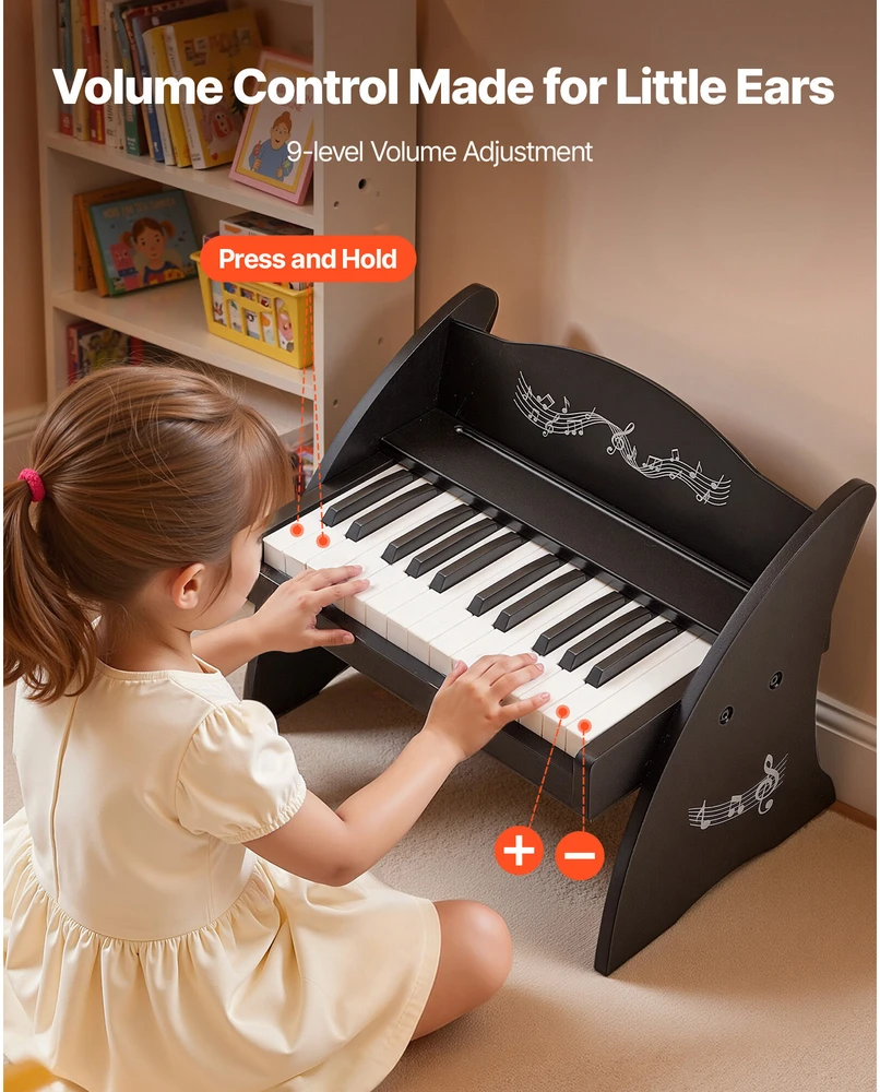 VEVOR Vaikiškas medinis skaitmeninis pianinas su 25 klavišais, dvigubo maitinimo nešiojamas muzikinis žaislas, reguliuojamo garsumo lavinamasis instrumentas, juoda vaikiška pianino klaviatūra