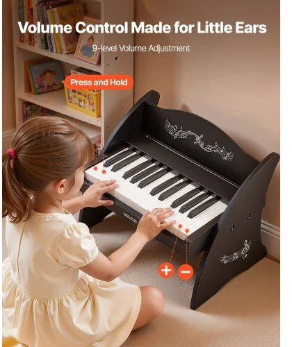 VEVOR Vaikiškas medinis skaitmeninis pianinas su 25 klavišais, dvigubo maitinimo nešiojamas muzikinis žaislas, reguliuojamo garsumo lavinamasis instrumentas, juoda vaikiška pianino klaviatūra