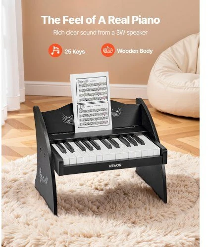 VEVOR Vaikiškas medinis skaitmeninis pianinas su 25 klavišais, dvigubo maitinimo nešiojamas muzikinis žaislas, reguliuojamo garsumo lavinamasis instrumentas, juoda vaikiška pianino klaviatūra