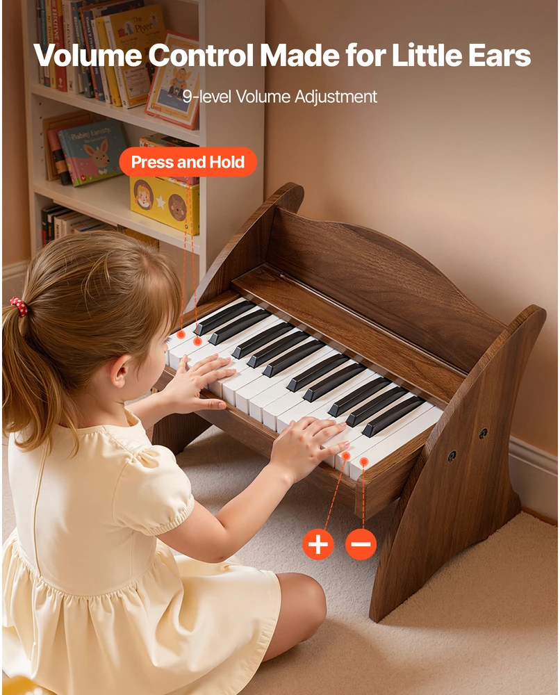VEVOR Vaikiška medinė pianino klaviatūra, edukacinis muzikinis žaislas, 25 klavišai riešutmedžio, vaikiškas medinis pianinas, mini skaitmeninis pianinas vaikams