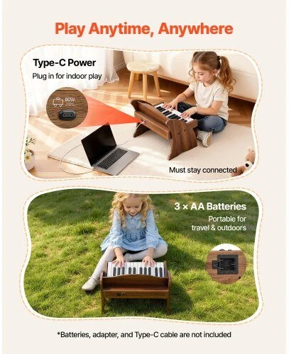 VEVOR Vaikiška medinė pianino klaviatūra, edukacinis muzikinis žaislas, 25 klavišai riešutmedžio, vaikiškas medinis pianinas, mini skaitmeninis pianinas vaikams