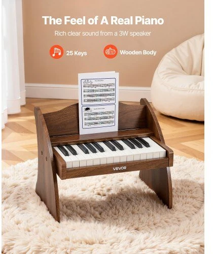 VEVOR Vaikiška medinė pianino klaviatūra, edukacinis muzikinis žaislas, 25 klavišai riešutmedžio, vaikiškas medinis pianinas, mini skaitmeninis pianinas vaikams