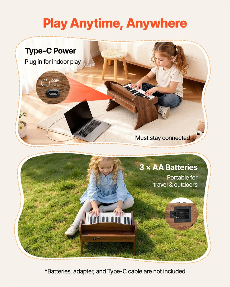 VEVOR Vaikiška medinė pianino klaviatūra, edukacinis muzikinis žaislas, 25 klavišai riešutmedžio, vaikiškas medinis pianinas, mini skaitmeninis pianinas vaikams