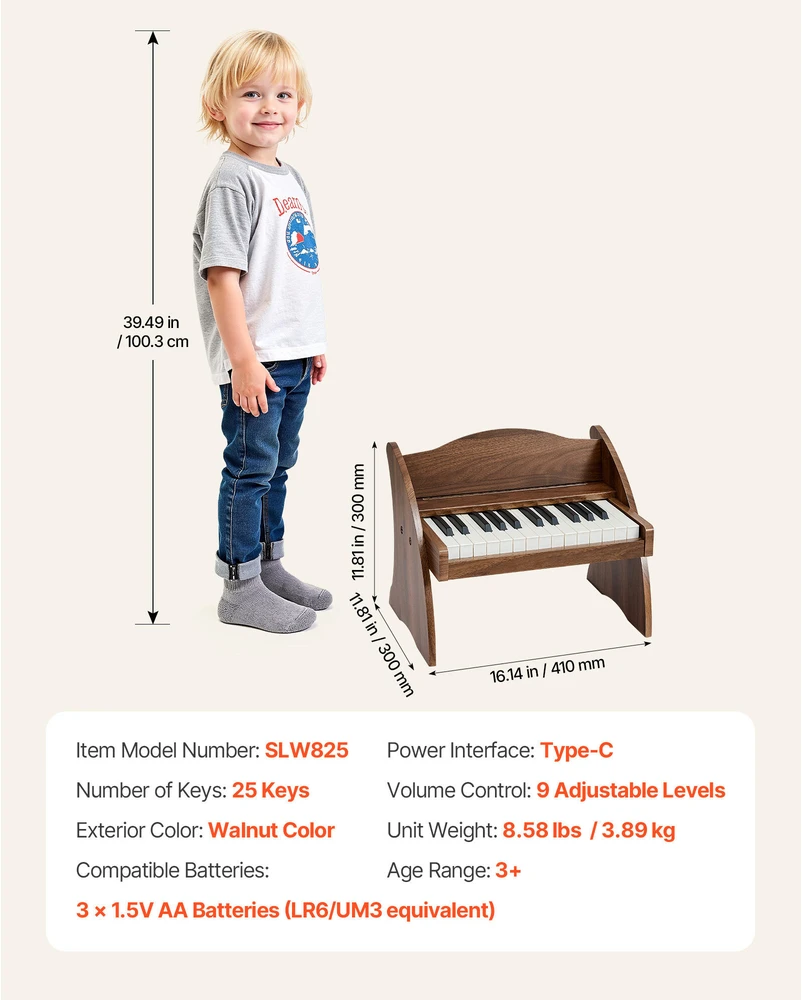 VEVOR Vaikiška medinė pianino klaviatūra, edukacinis muzikinis žaislas, 25 klavišai riešutmedžio, vaikiškas medinis pianinas, mini skaitmeninis pianinas vaikams