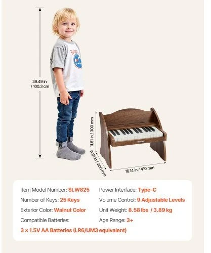 VEVOR Vaikiška medinė pianino klaviatūra, edukacinis muzikinis žaislas, 25 klavišai riešutmedžio, vaikiškas medinis pianinas, mini skaitmeninis pianinas vaikams