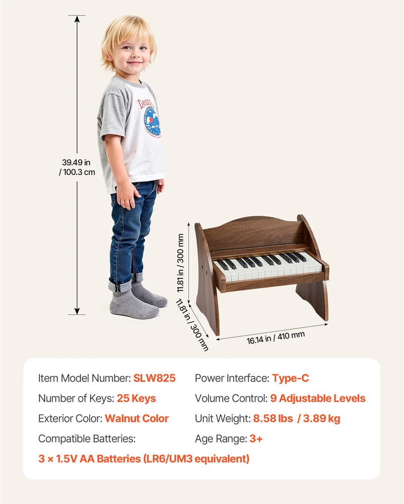 VEVOR Vaikiška medinė pianino klaviatūra, edukacinis muzikinis žaislas, 25 klavišai riešutmedžio, vaikiškas medinis pianinas, mini skaitmeninis pianinas vaikams