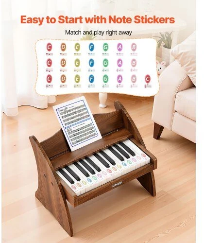 VEVOR Vaikiška medinė pianino klaviatūra, edukacinis muzikinis žaislas, 25 klavišai riešutmedžio, vaikiškas medinis pianinas, mini skaitmeninis pianinas vaikams