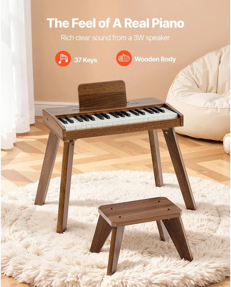 VEVOR Vaikiškas medinis skaitmeninis pianinas edukacinis muzikos instrumentas, 37 klavišų nešiojama klaviatūra su garso valdymu, riešutmedžio apdaila, dvigubos maitinimo parinktys