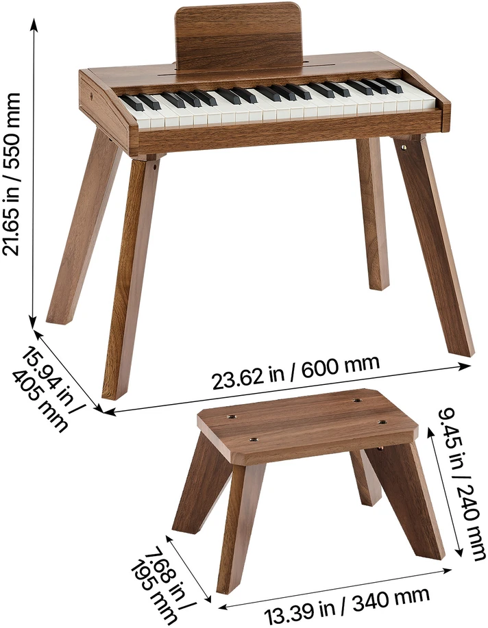 VEVOR Vaikiškas medinis skaitmeninis pianinas edukacinis muzikos instrumentas, 37 klavišų nešiojama klaviatūra su garso valdymu, riešutmedžio apdaila, dvigubos maitinimo parinktys