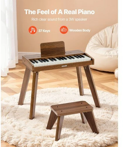 VEVOR Vaikiškas medinis skaitmeninis pianinas edukacinis muzikos instrumentas, 37 klavišų nešiojama klaviatūra su garso valdymu, riešutmedžio apdaila, dvigubos maitinimo parinktys