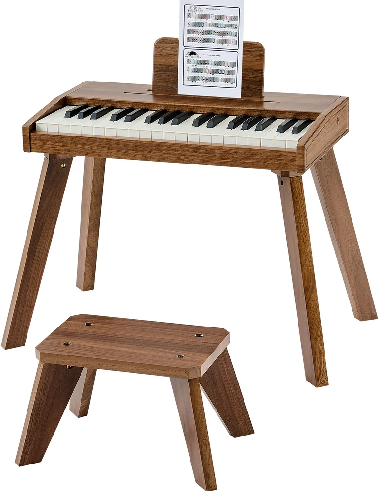 VEVOR Vaikiškas medinis skaitmeninis pianinas edukacinis muzikos instrumentas, 37 klavišų nešiojama klaviatūra su garso valdymu, riešutmedžio apdaila, dvigubos maitinimo parinktys