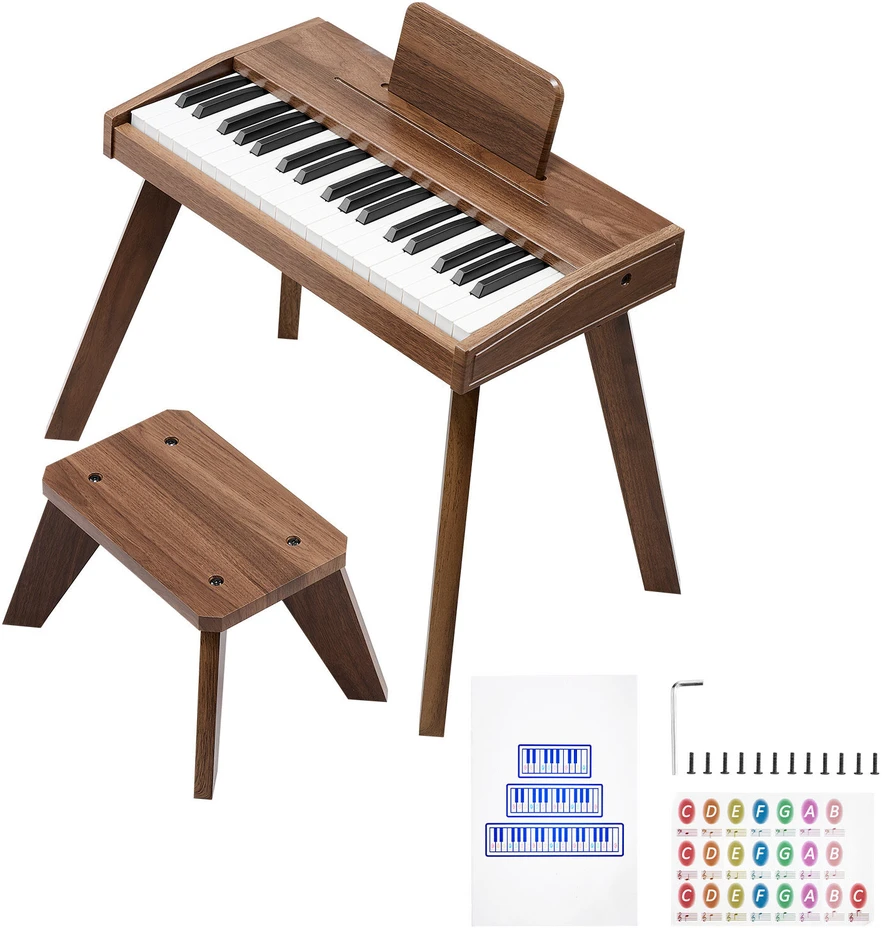 VEVOR Vaikiškas medinis skaitmeninis pianinas edukacinis muzikos instrumentas, 37 klavišų nešiojama klaviatūra su garso valdymu, riešutmedžio apdaila, dvigubos maitinimo parinktys