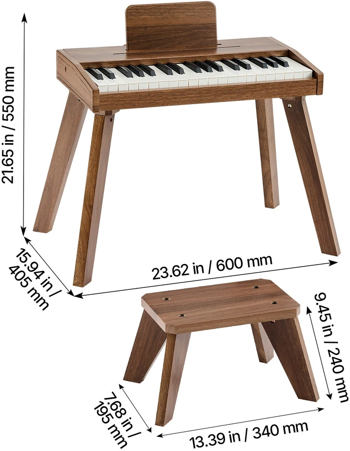 VEVOR Vaikiškas medinis skaitmeninis pianinas edukacinis muzikos instrumentas, 37 klavišų nešiojama klaviatūra su garso valdymu, riešutmedžio apdaila, dvigubos maitinimo parinktys