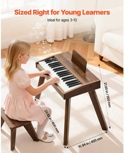 VEVOR Vaikiškas medinis skaitmeninis pianinas edukacinis muzikos instrumentas, 37 klavišų nešiojama klaviatūra su garso valdymu, riešutmedžio apdaila, dvigubos maitinimo parinktys
