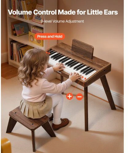 VEVOR Vaikiškas medinis skaitmeninis pianinas edukacinis muzikos instrumentas, 37 klavišų nešiojama klaviatūra su garso valdymu, riešutmedžio apdaila, dvigubos maitinimo parinktys