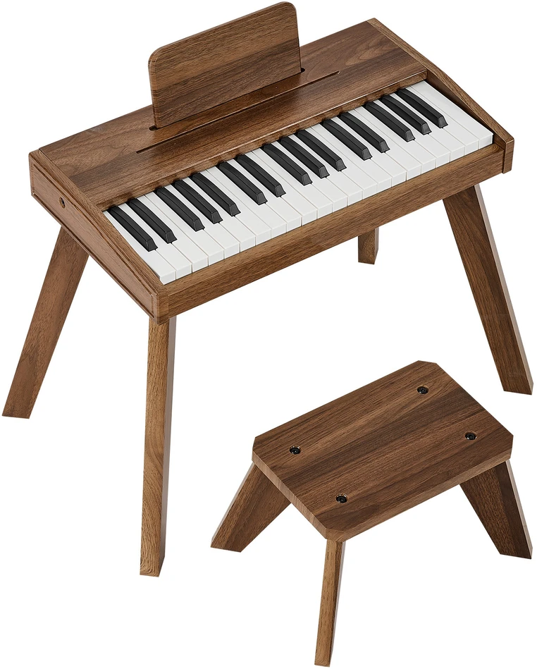 VEVOR Vaikiškas medinis skaitmeninis pianinas edukacinis muzikos instrumentas, 37 klavišų nešiojama klaviatūra su garso valdymu, riešutmedžio apdaila, dvigubos maitinimo parinktys