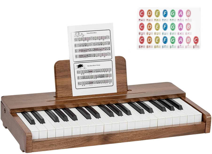 VEVOR Vaikiška pianino klaviatūra, medinis 37 klavišų skaitmeninis pianinas mažiems vaikams, reguliuojamas garsumas, dvigubas maitinimas, riešutmedžio apdaila