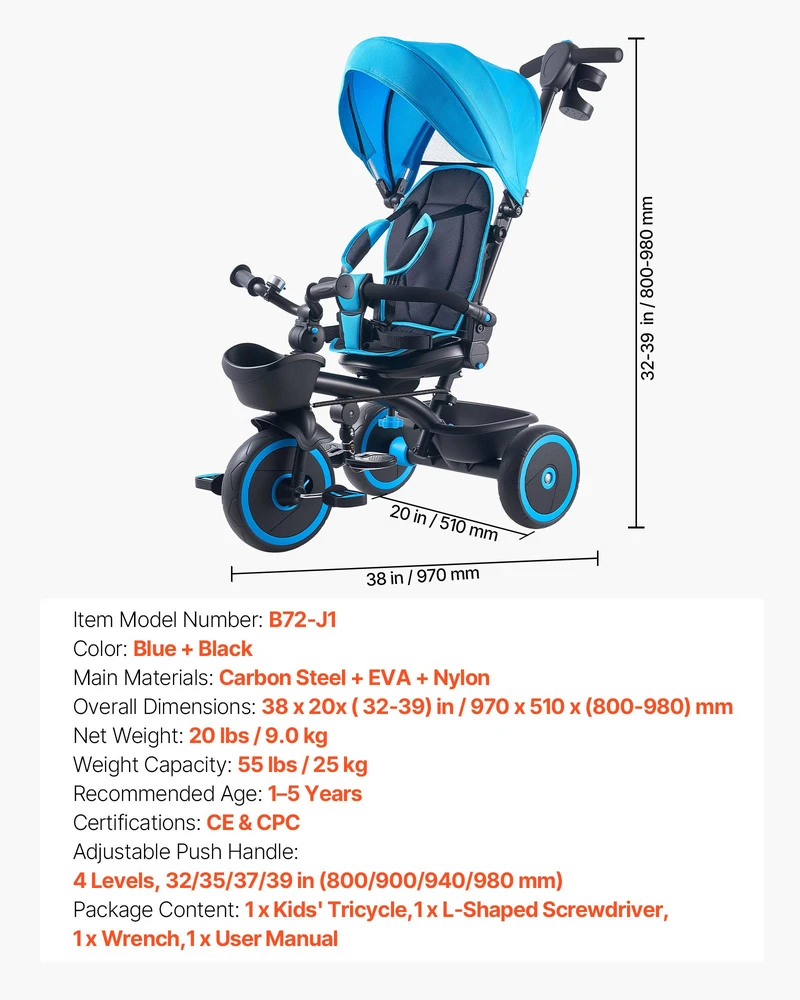 VEVOR Triratukas vaikams nuo 1 iki 5 metų