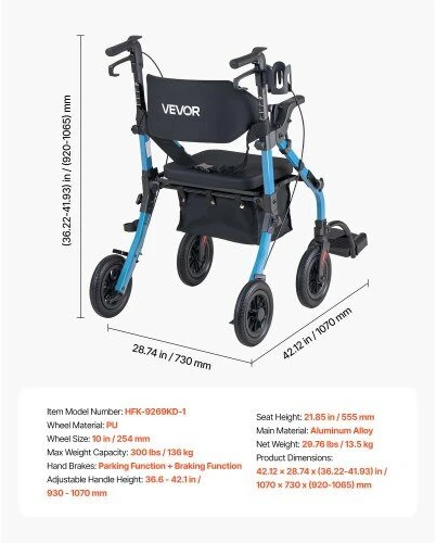 VEVOR 2-in-1 vaikštynė ir transporto kėdė senjorams