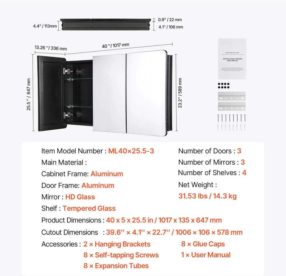 VEVOR Vaistų spintelė su veidrodžiu ir reguliuojamomis lentynomis