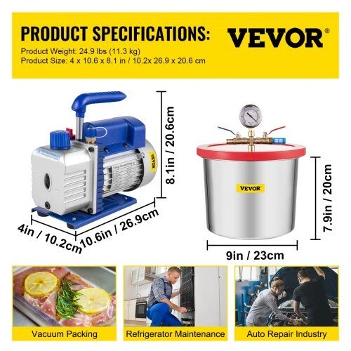 VEVOR 2 galonų vakuuminė kamera su silikono epoksidinėmis dujomis 4CFM 1\/3HP siurblys