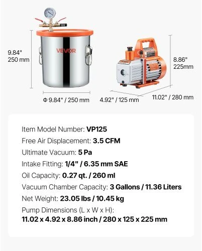 VEVOR 110 l/min vakuuminis siurblys su 11,36 l plienine kamera