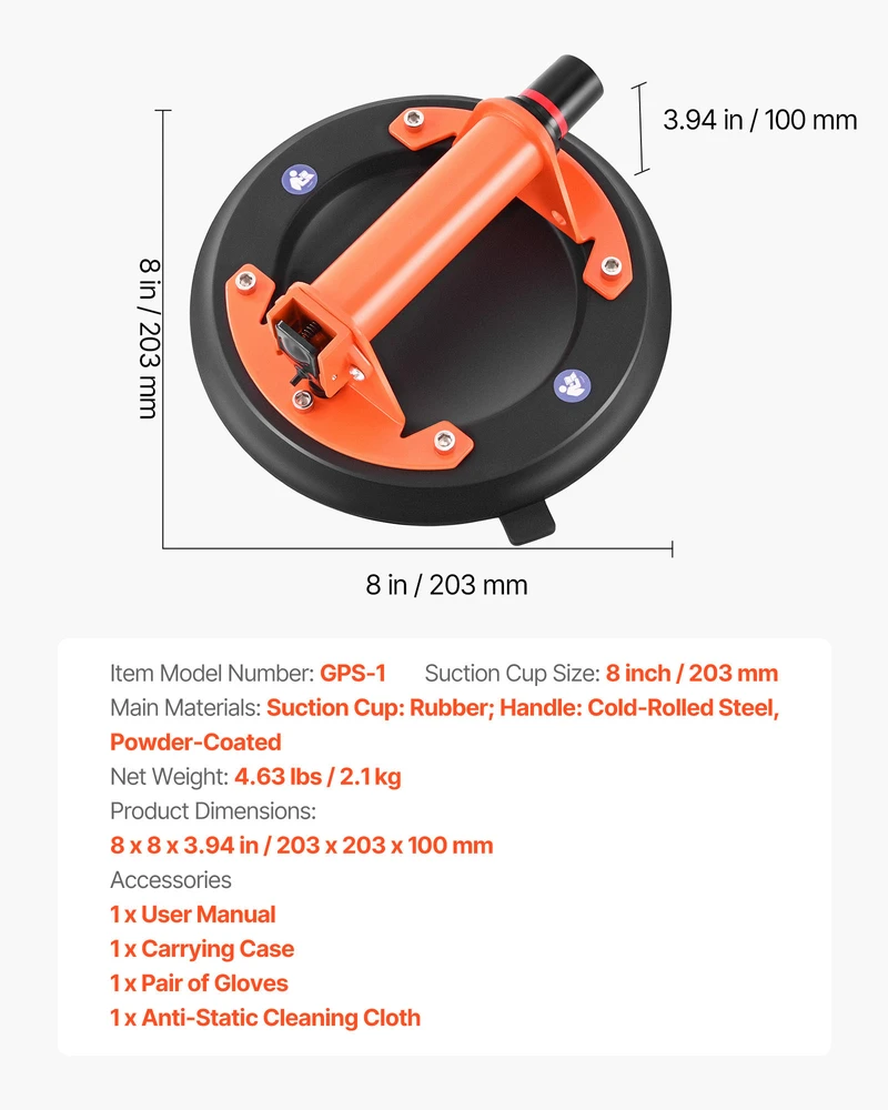 VEVOR Vakuuminis siurblys stiklui, 203 mm, 195 kg