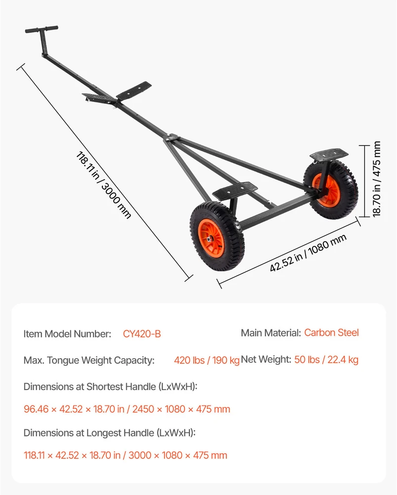 VEVOR Valties priekabos vežimėlis 190 kg talp.
