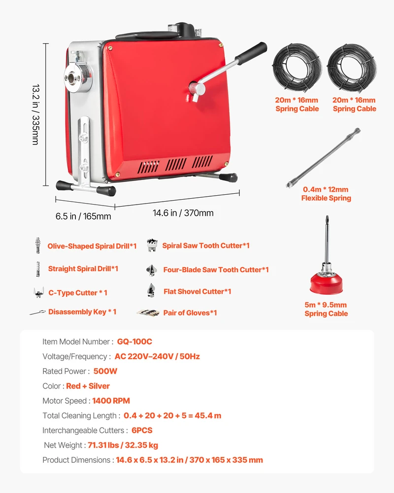 VEVOR Vamzdžių valymo mašina, 500W 1400RPM