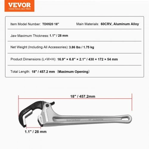 VEVOR Aliuminis vamzdžių raktas su automatiniais žandikauliais 457 mm
