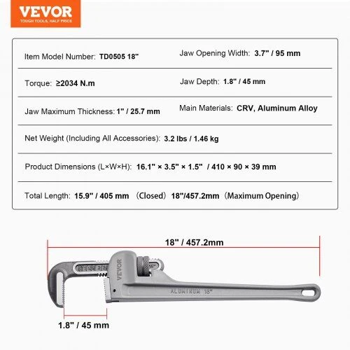 VEVOR Reguliuojamas aliuminio vamzdžių raktas 45 cm