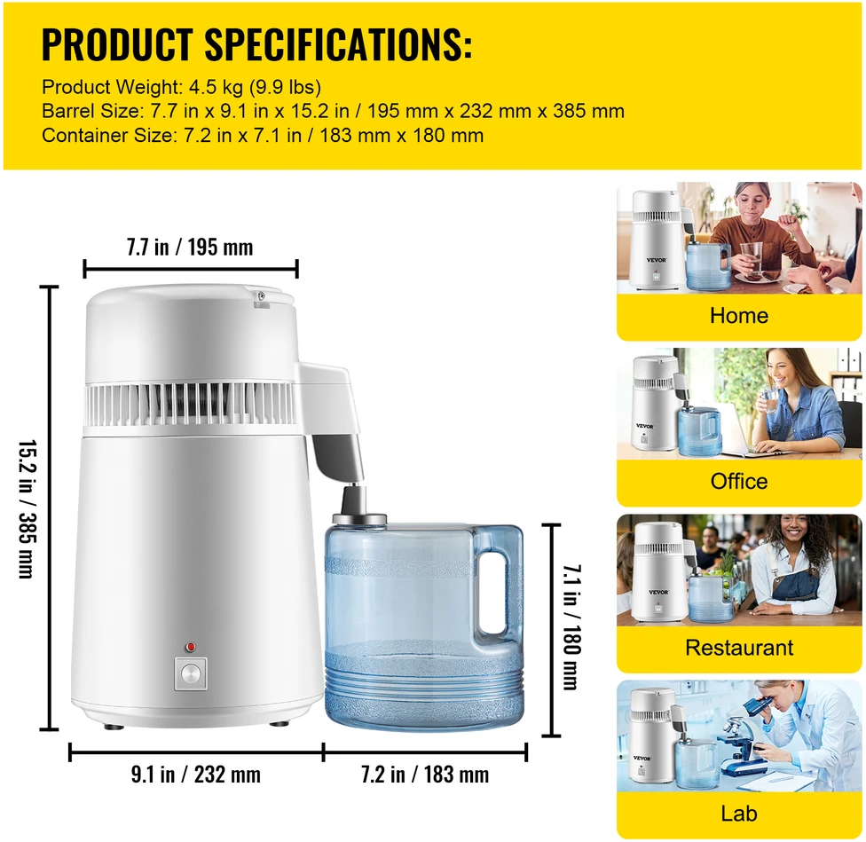 VEVOR 4 l vandens distiliatorius 1,3 l/h 220V