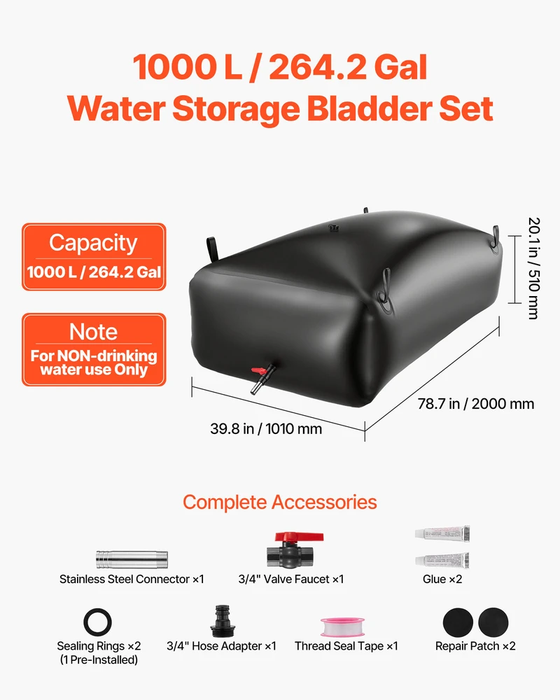 Vevor Vandens saugojimo talpykla 200x101x51 cm juoda PVC sulankstoma