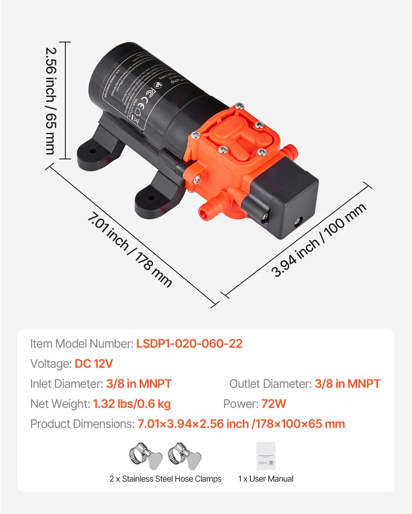 VEVOR Vandens slėgio siurblys, 12V, 80 PSI, 4,5 l/min
