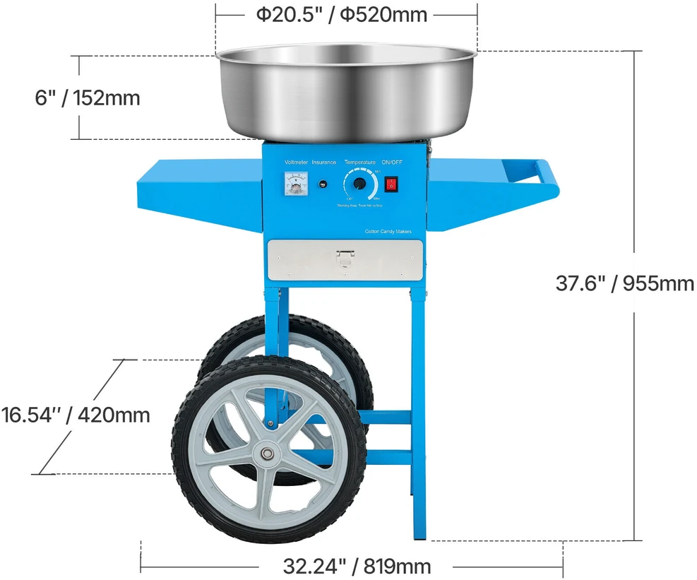 VEVOR Prekybinė vatos cukraus mašina su vežimėliu 1000W