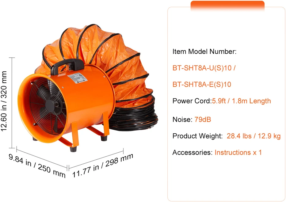 VEVOR 203mm nešiojamas ventiliatorius su 10m žarna