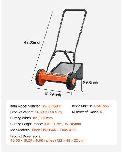 VEVOR 14" rankinis vejapjovė su 5 ašmenimis ir reguliuojamu aukščiu