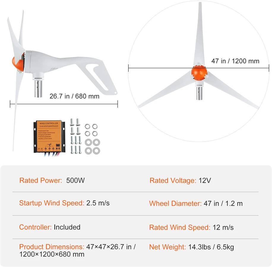 VEVOR 500 W vėjo turbinos generatorius 12 V su MPPT valdikliu