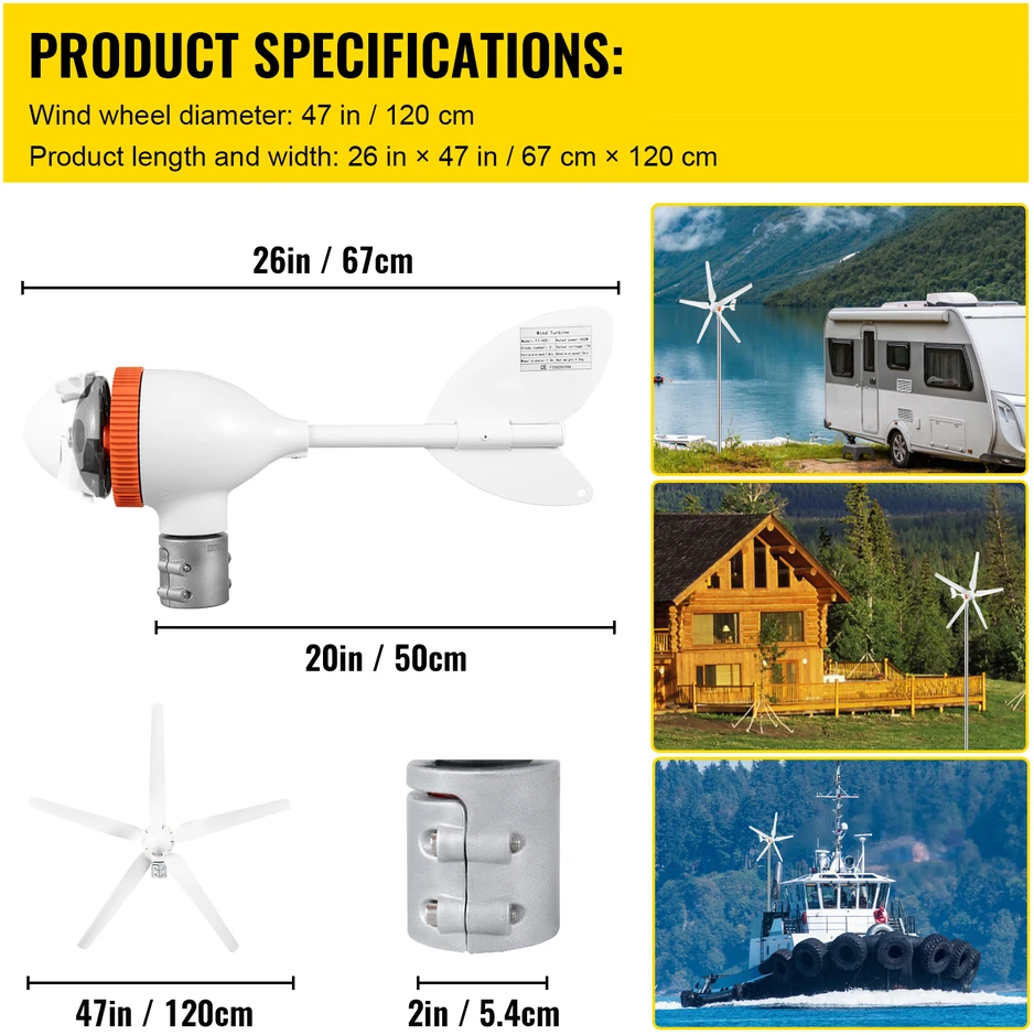 Horizontalios ašies vėjo jėgainė, generatorius Vevor 12V 800W, 3 menčių