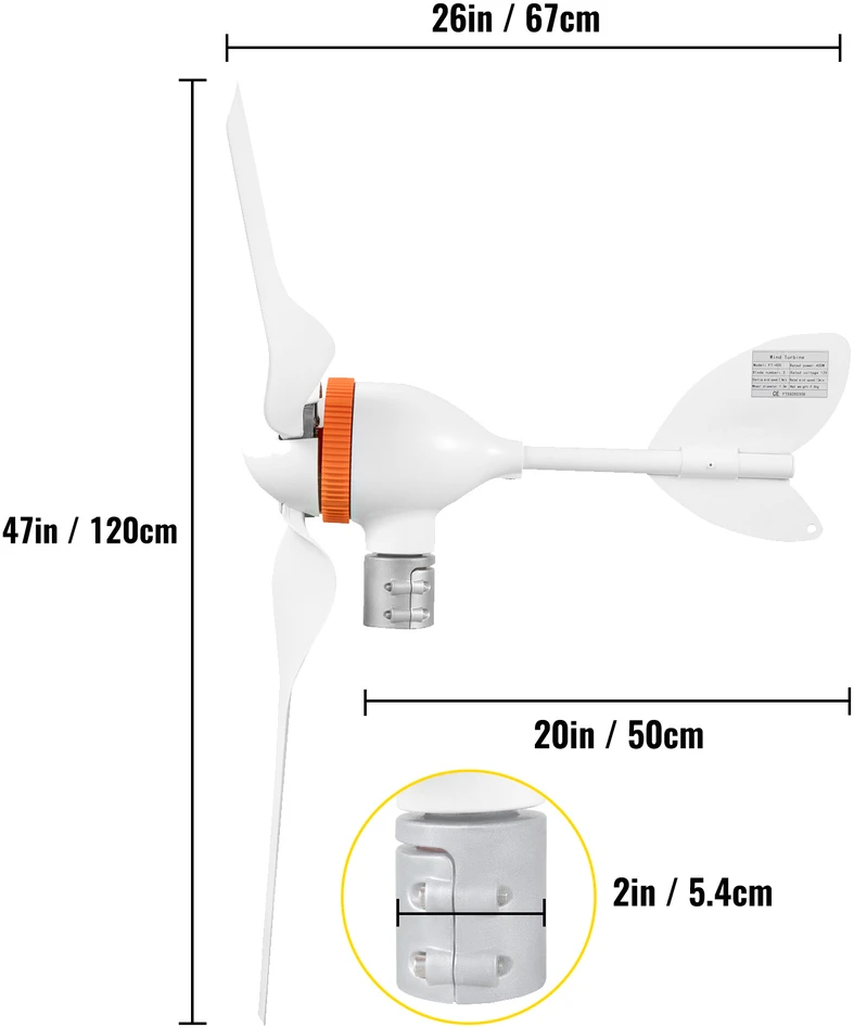 Horizontalios ašies vėjo jėgainė, generatorius Vevor 12V 800W, 3 menčių