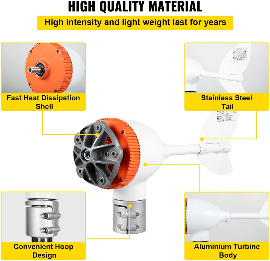 Horizontalios ašies vėjo jėgainė, generatorius Vevor 12V 800W, 3 menčių