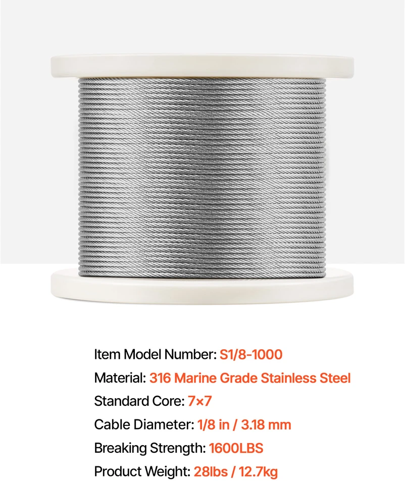 VEVOR Nerūdijančio plieno trosas 1/8" 1000 pėdų