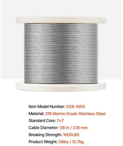 VEVOR Nerūdijančio plieno trosas 1/8" 1000 pėdų