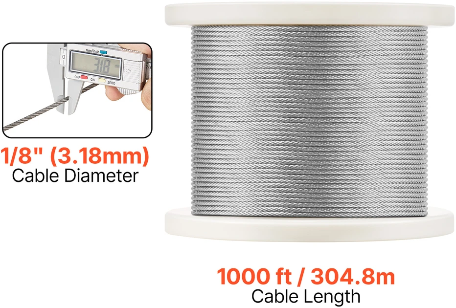 VEVOR Nerūdijančio plieno trosas 1/8" 1000 pėdų