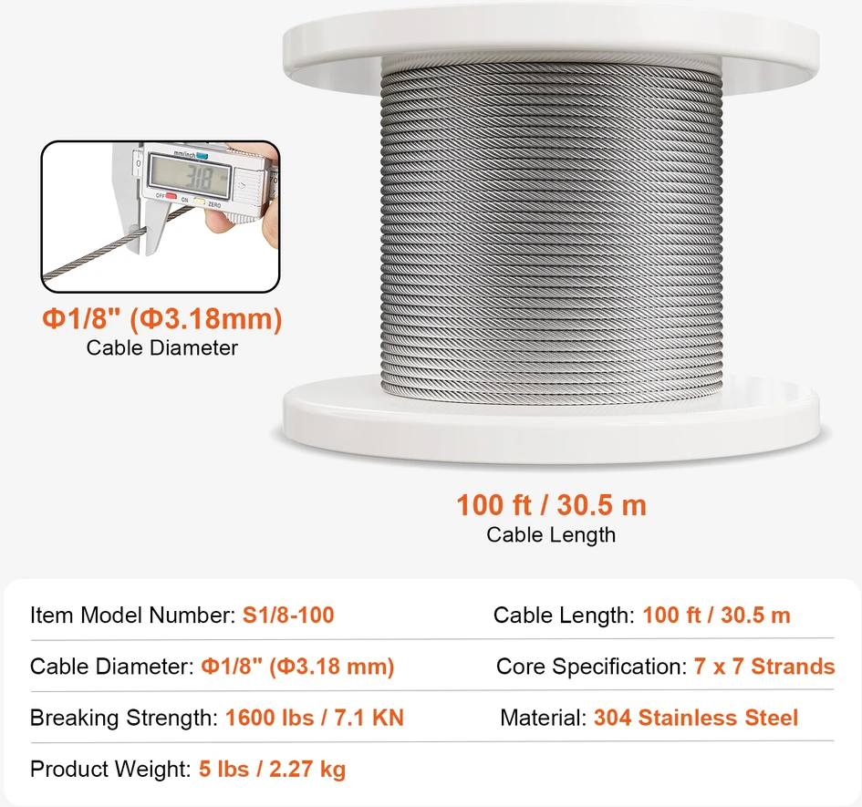 VEVOR 3,18 mm nerūdijančio plieno trosas 30,5 m (7x7)