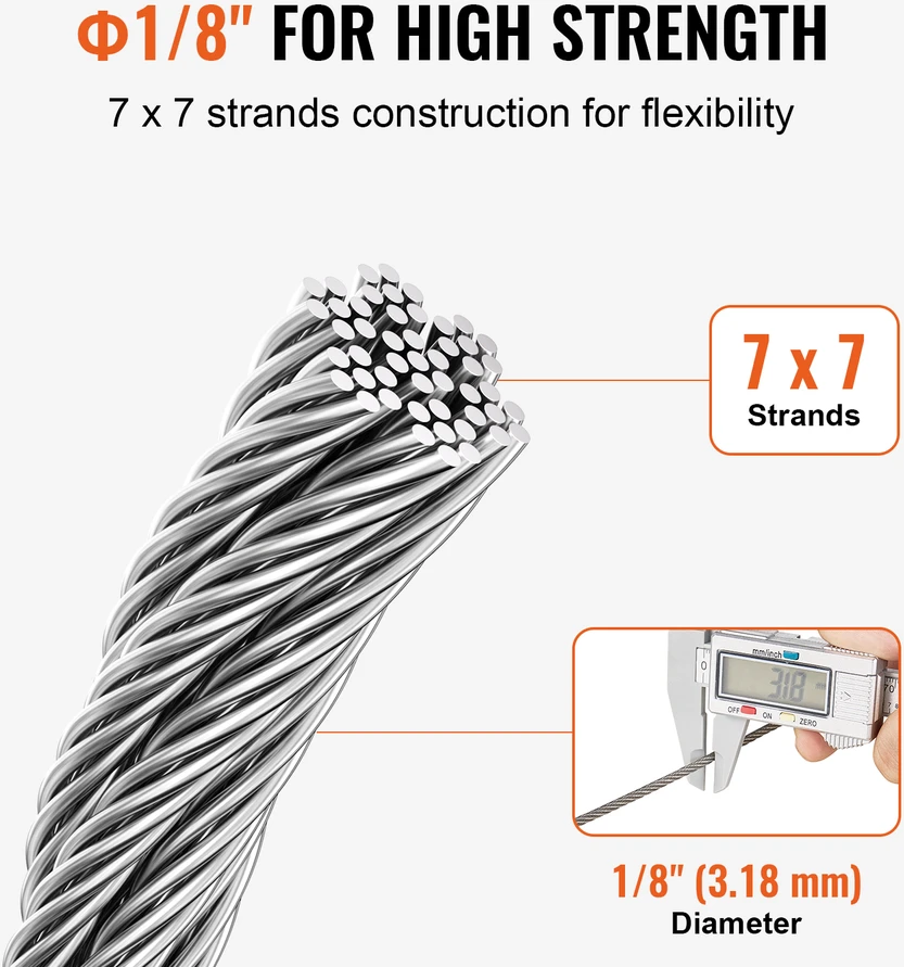 VEVOR 3,18 mm nerūdijančio plieno trosas 30,5 m (7x7)