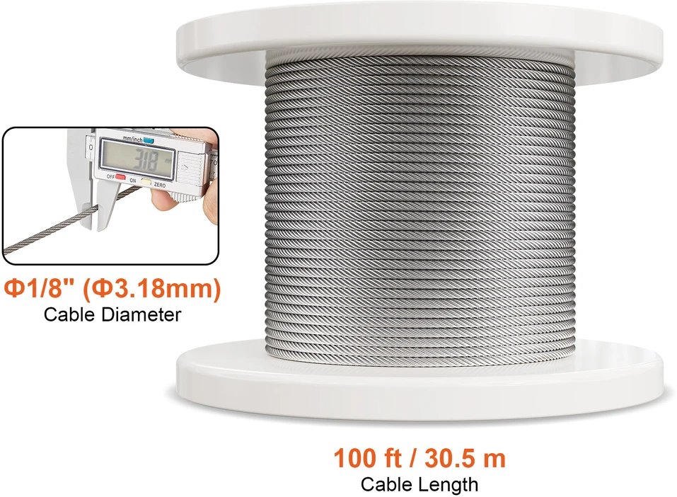 VEVOR 3,18 mm nerūdijančio plieno trosas 30,5 m (7x7)